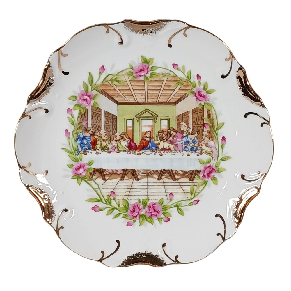 Vintage Last Supper Decorative Plate 18K Gold Trim‎ Pink Roses Japan 8 inch